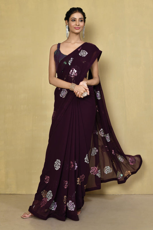 Wine Designer Georgette Saree with Heavy Sequin Floral Embroidery