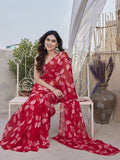 Red Floral Leaf Print Georgette Saree | Lightweight Soft Designer Party Wear Saree | Ethnic Festive & Casual Printed Saree