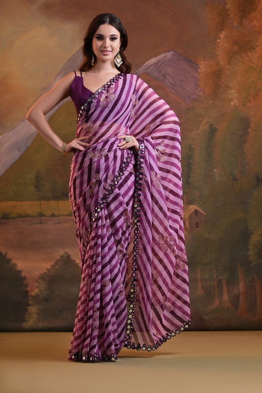 Wine & Lavender Striped Saree with Mirror Border and Floral Sequin Work