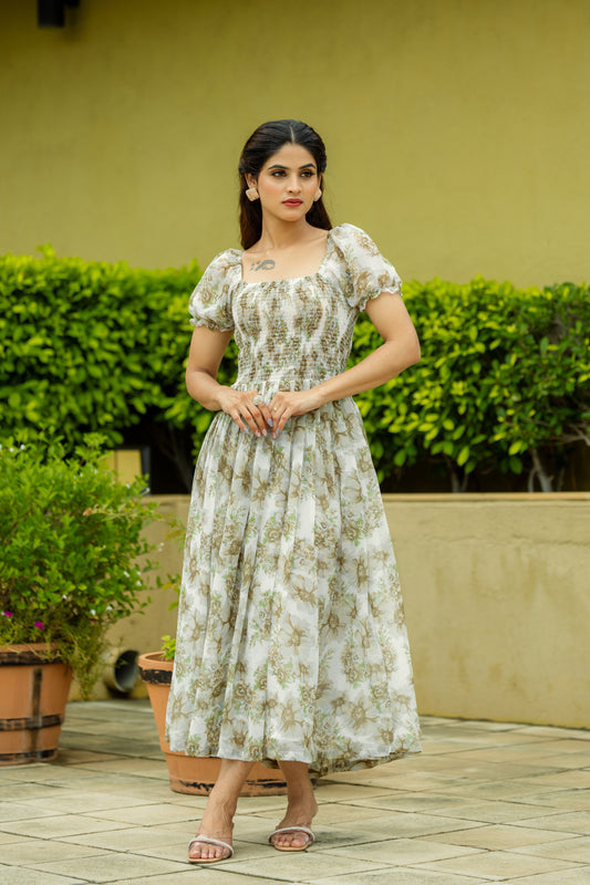 Floral Smocked Puff Sleeve Maxi Dress – Summer Garden Edition