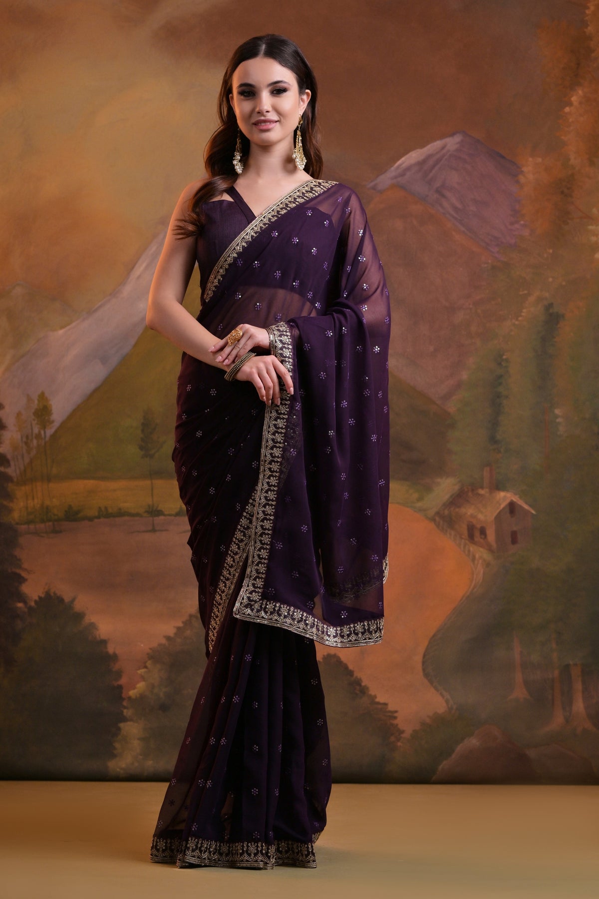 Elegant Wine Georgette Saree with Embroidered Border