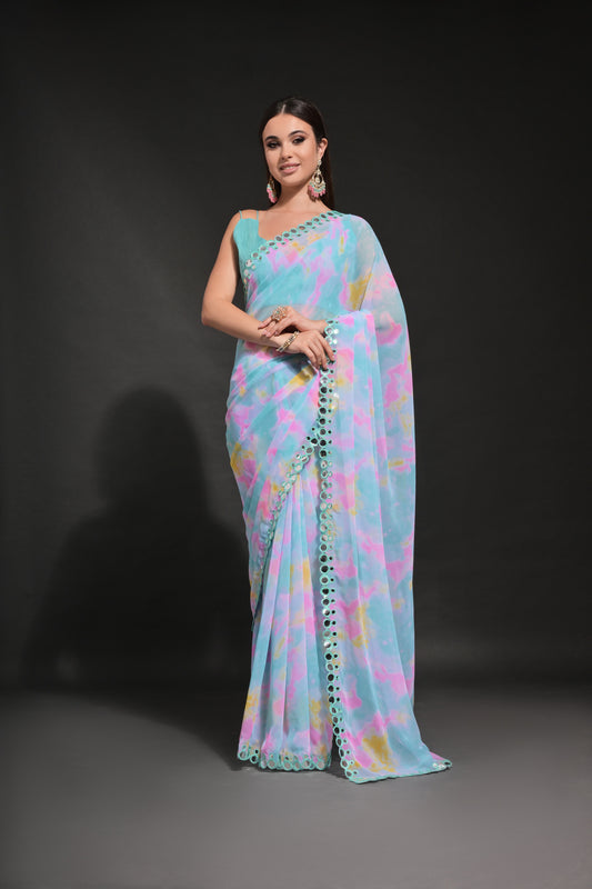 FIROZI-RAMA Pastel Tie-Dye Georgette Saree with Mirror Work Border