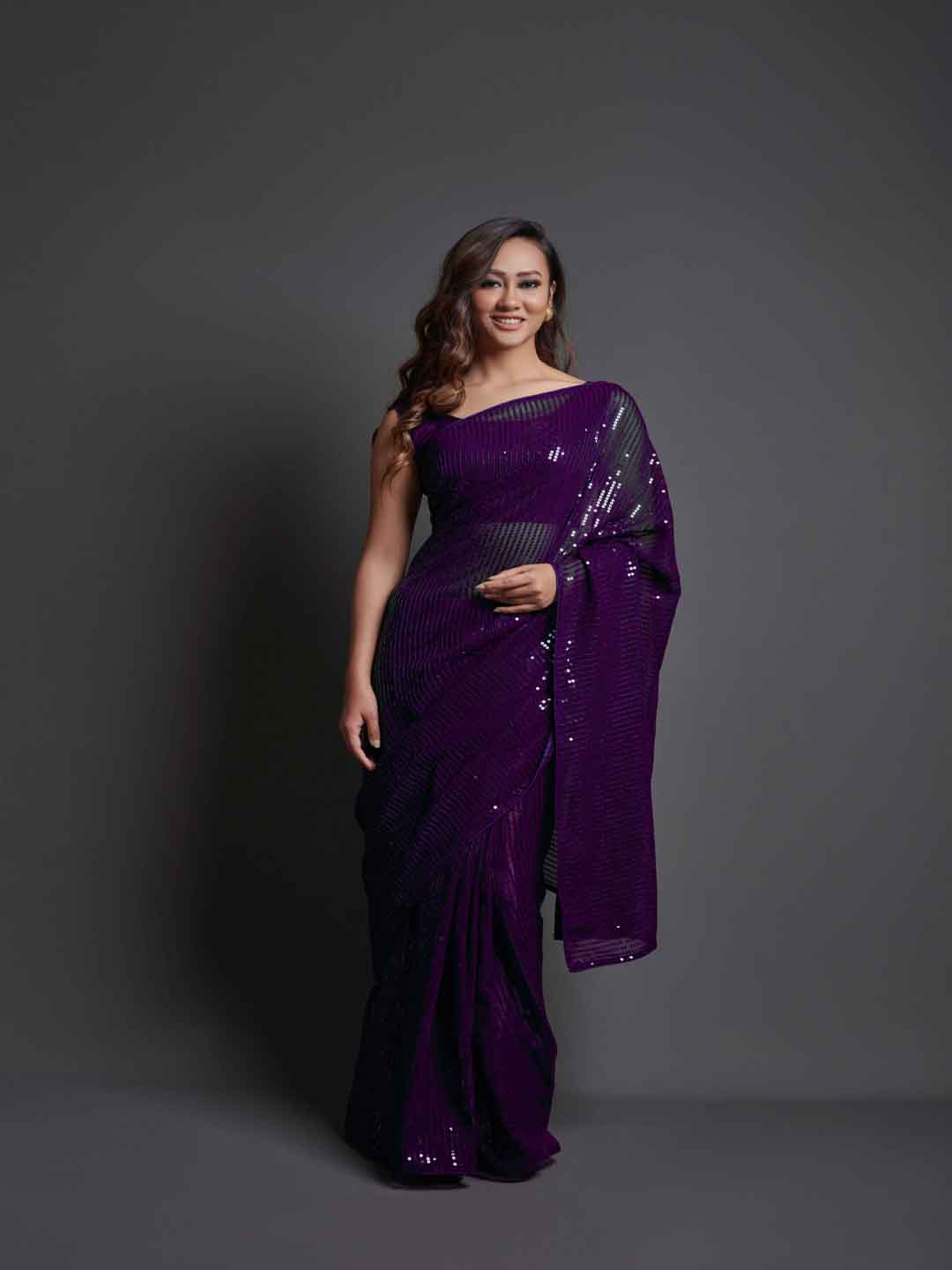 Midnight Noir Wine Sequin Georgette Saree For Women