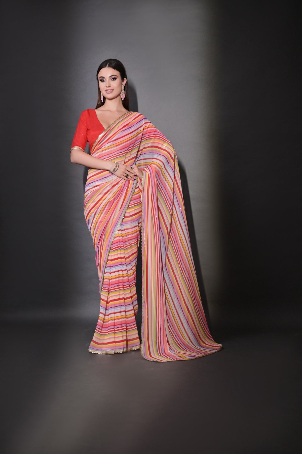 Multicolor Pastel Striped Saree with Subtle Gold Border Elegant Daily & Festive Wear