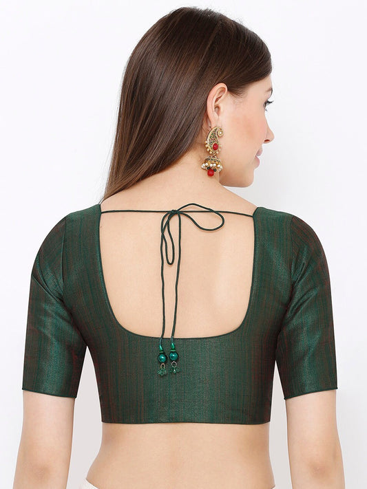 Green Scoop Neck Elbow Sleeve Readymade Saree Blouse