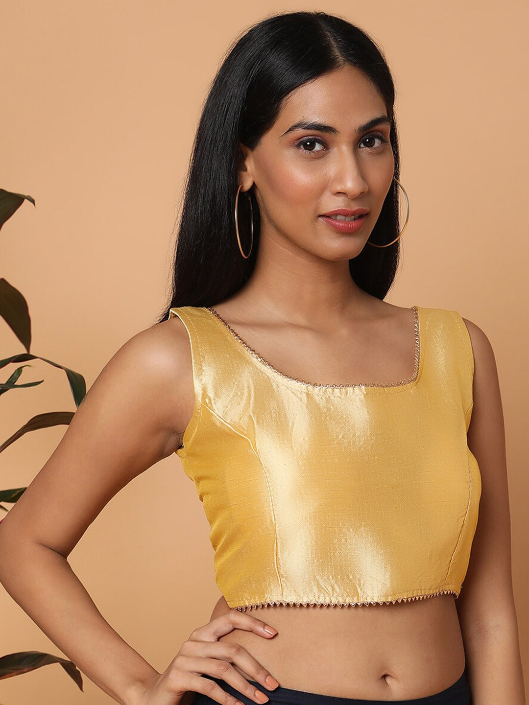 Beige Sleeveless Square Neck Readymade Saree Blouse with Silver Lace
