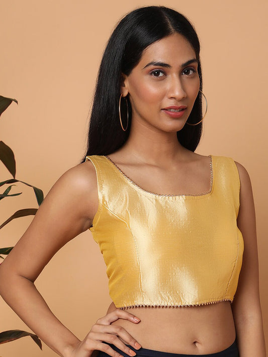 Beige Sleeveless Square Neck Readymade Saree Blouse with Silver Lace