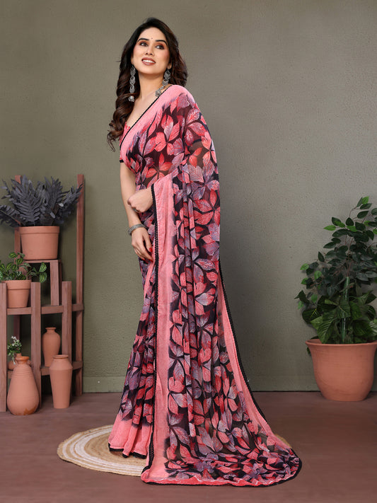 Glanzavi Pink & Black Leaf Print Saree with Designer Blouse – Elegant Party Wear