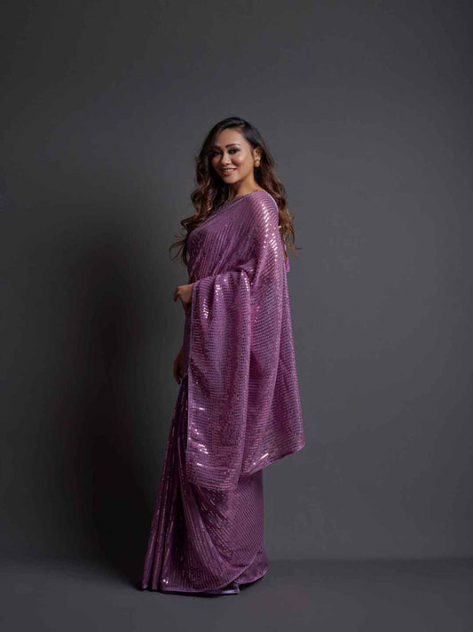 Midnight Noir Purple Sequin Georgette Saree For Women