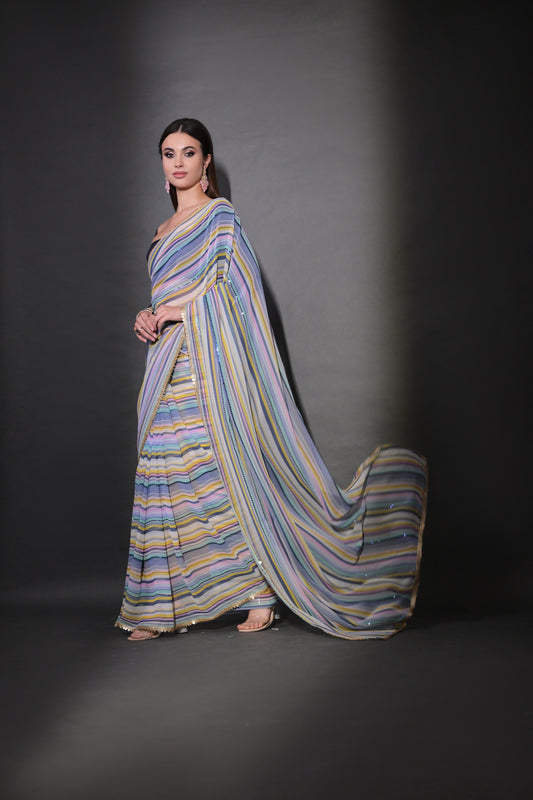 Multicolor Pastel Striped Saree with Subtle Gold Border Elegant Daily & Festive Wear