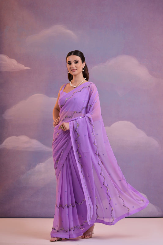 Lavender Georgette Saree with Sequin Wave Border – Elegant Pastel Partywear