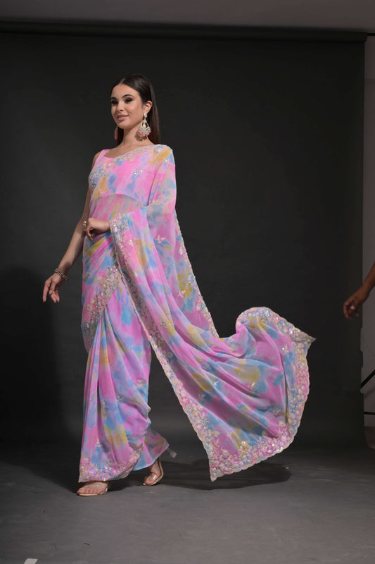 Pastel Pink Tie-Dye Saree with Floral Sequin Embroidery