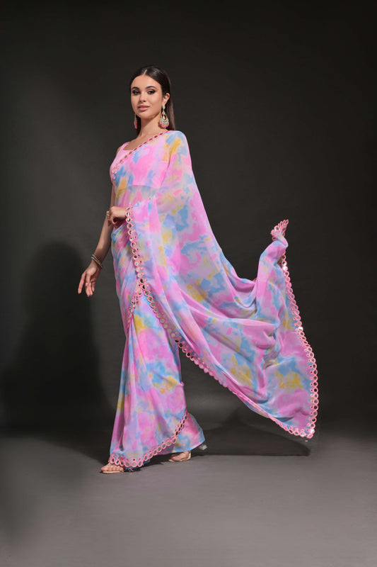 Pastel Pink-Blue Tie-Dye Georgette Saree with Mirror Lace Border