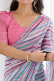Grey & Pink Printed Saree with Scalloped Embellished Border