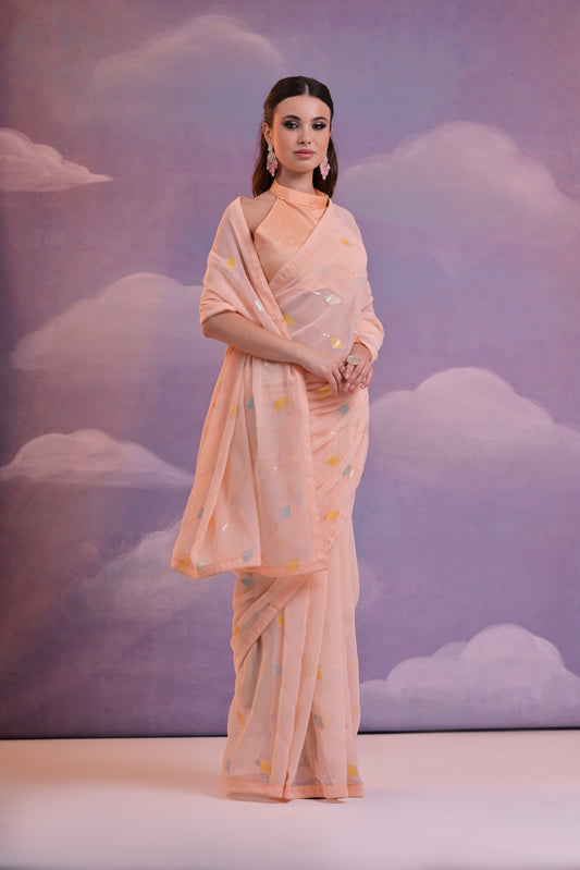 Peach Georgette Saree with Multicolor Kite Motifs – Contemporary Festive Charm