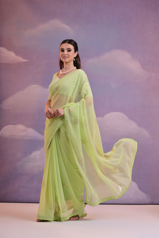 Elegant Green Georgette Saree with Embellished Motifs