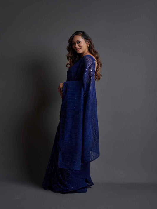Midnight Noir Blue Sequin Georgette Saree For Women