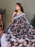 Elegant Grey & Black Floral Printed Saree with Designer Blouse