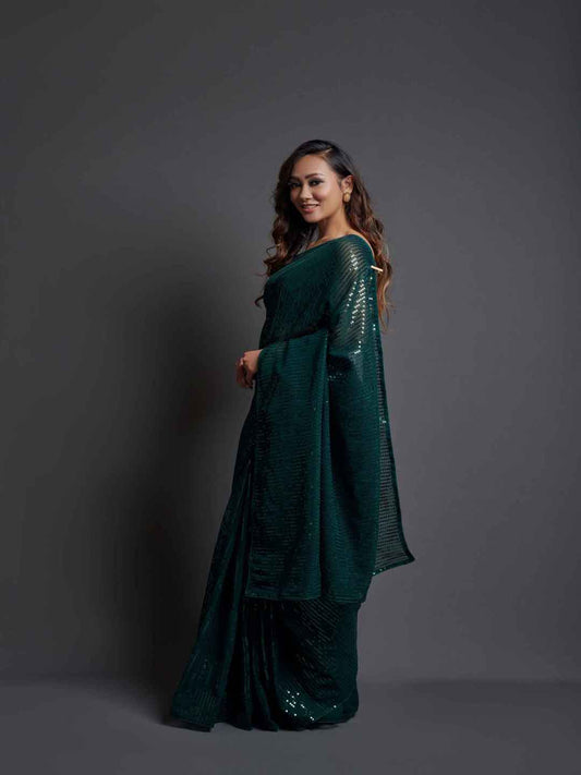 Midnight Noir Green Sequin Georgette Saree For Women