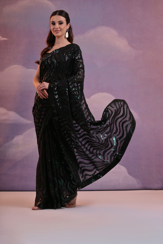 Elegant Black And Green Sequin Georgette Saree – Glamorous Party Wear