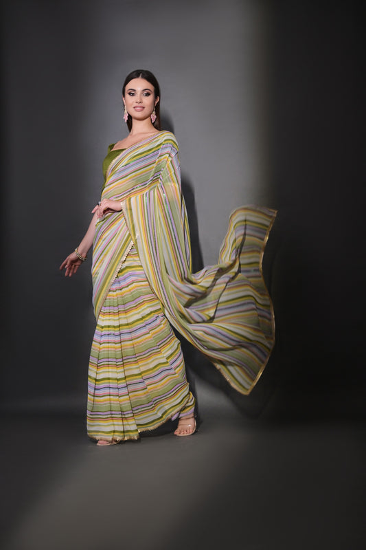 Multicolor Pastel Striped Saree with Subtle Gold Border Elegant Daily & Festive Wear