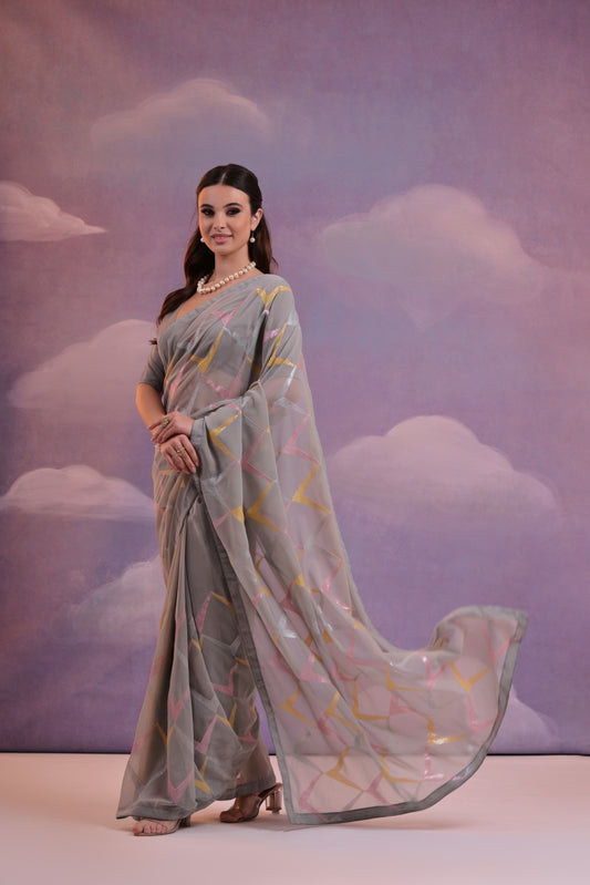Elegant Grey Georgette Saree with Multicolor Geometric Embroidery