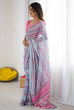 Grey & Pink Printed Saree with Scalloped Embellished Border