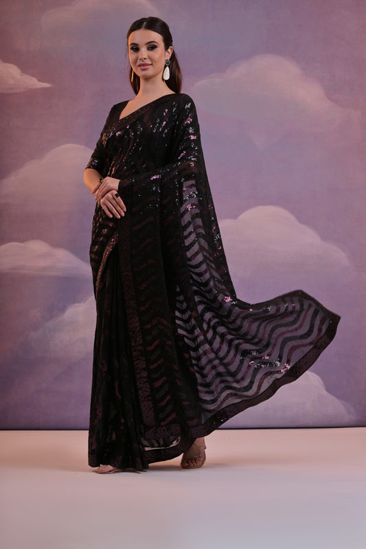 Elegant Black And Wine Sequin Georgette Saree – Glamorous Party Wear