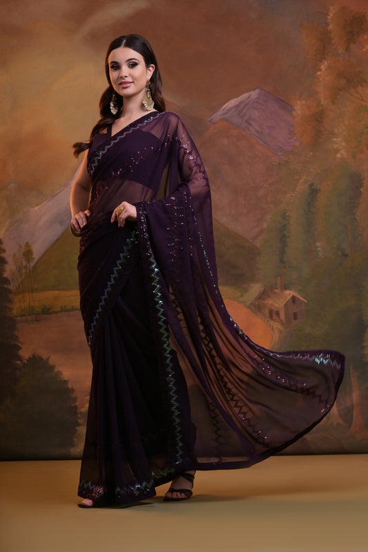 Deep Purple Sequin Border Georgette Saree – Regal Evening Elegance