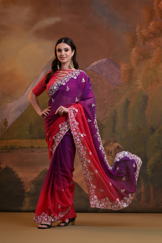 Pink Georgette Saree with 3D Floral Embroidery – Elegant Evening Wear