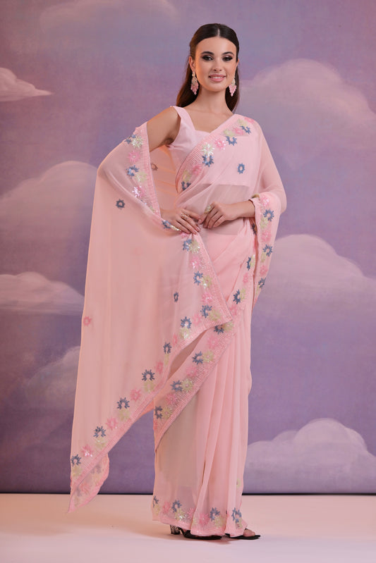 Pastel Pink Georgette Saree with Hand-Embroidered Floral Border – Graceful Ethnic Elegance