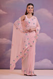 Pastel Pink Georgette Saree with Hand-Embroidered Floral Border – Graceful Ethnic Elegance