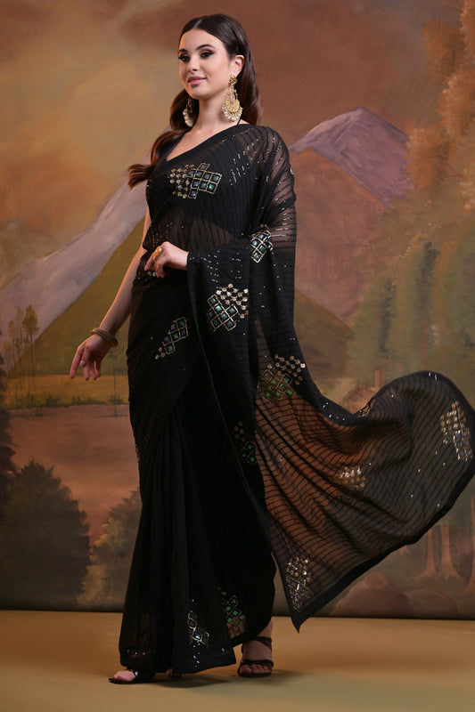 Elegant Black Georgette Saree with Mirror & Sequin Embellishments – Festive Glam Look