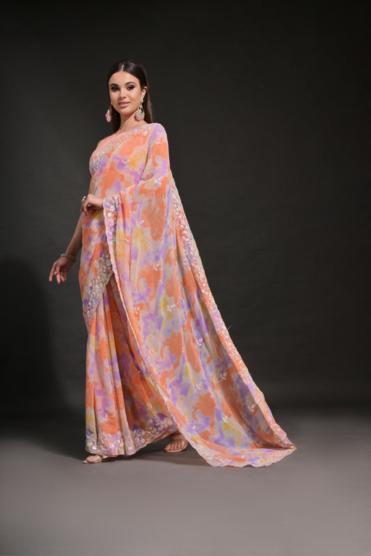 Peach-Orange Pastel Tie-Dye Saree with Sequin & Floral Embroidery Border