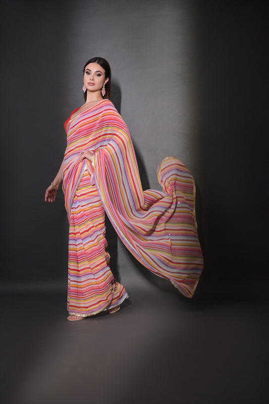 Multicolor Pastel Striped Saree with Subtle Gold Border Elegant Daily & Festive Wear