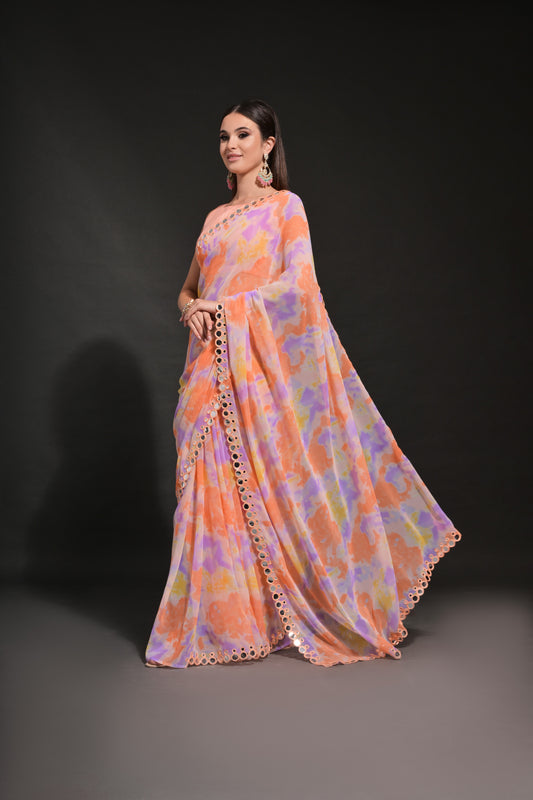 Peach-Orange Tie-Dye Georgette Saree with Mirror Cutdana Border