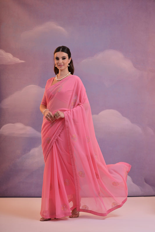 Baby Pink Georgette Saree with Subtle Circular Embroidery – Elegant Daytime Charm