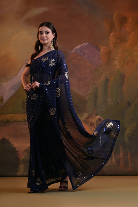 Navy Blue Sequin Embellished Saree with Floral Motifs – Glamorous Evening Wear