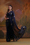 Navy Blue Sequin Embellished Saree with Floral Motifs – Glamorous Evening Wear
