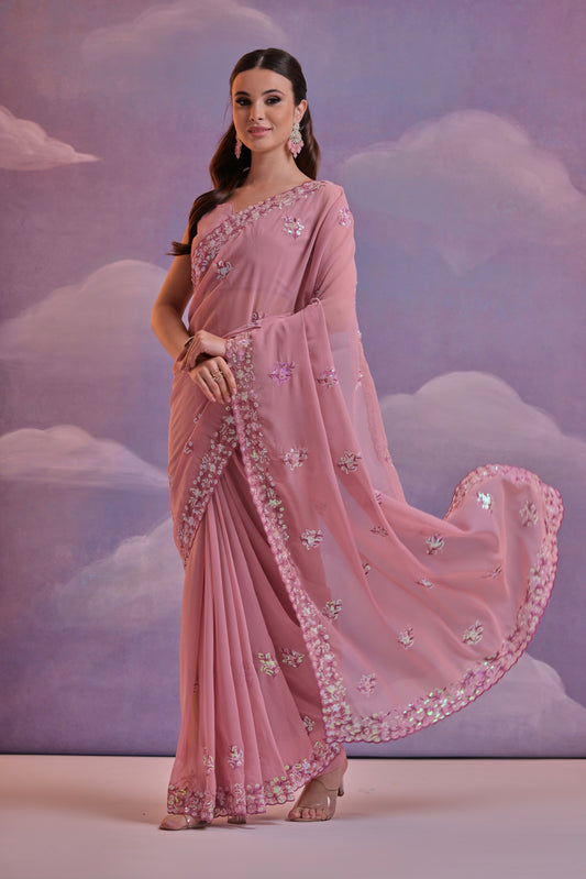 Rose Pink Floral Embellished Georgette Saree with Scallop Border