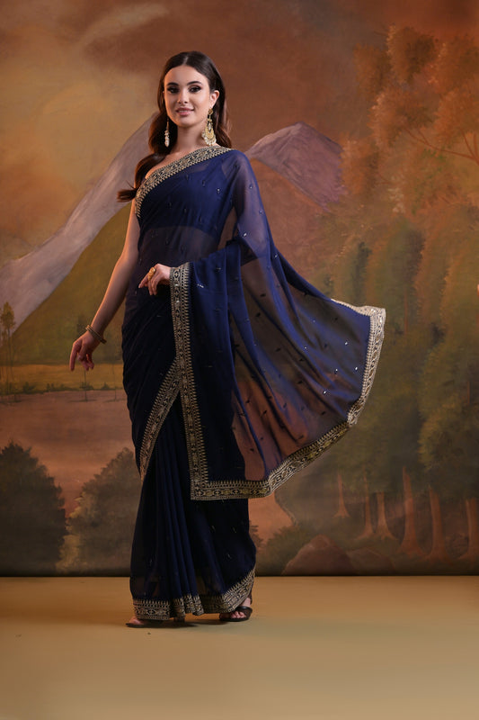 Elegant Navy Blue Georgette Saree with Embroidered Border