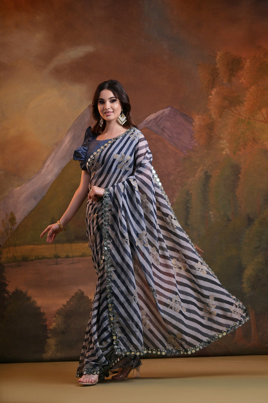 Grey Striped Saree with Mirror & Sequin Embellishments
