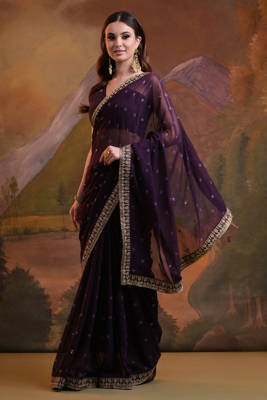 Elegant Wine Georgette Saree with Embroidered Border