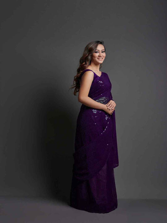Midnight Noir Wine Sequin Georgette Saree For Women