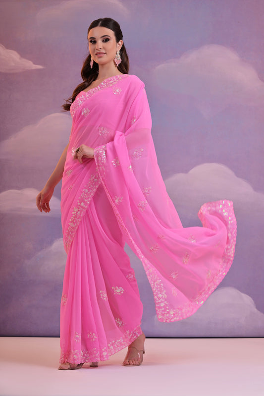 Hot Pink Georgette Saree with Hand Embellished Floral Sequins