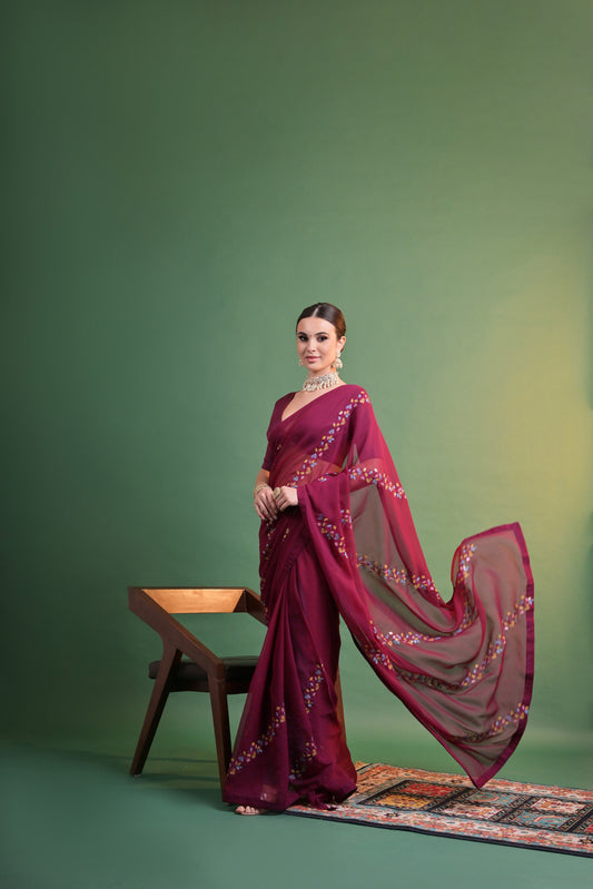 Wine Georgette Saree with Floral Sequin Embroidery