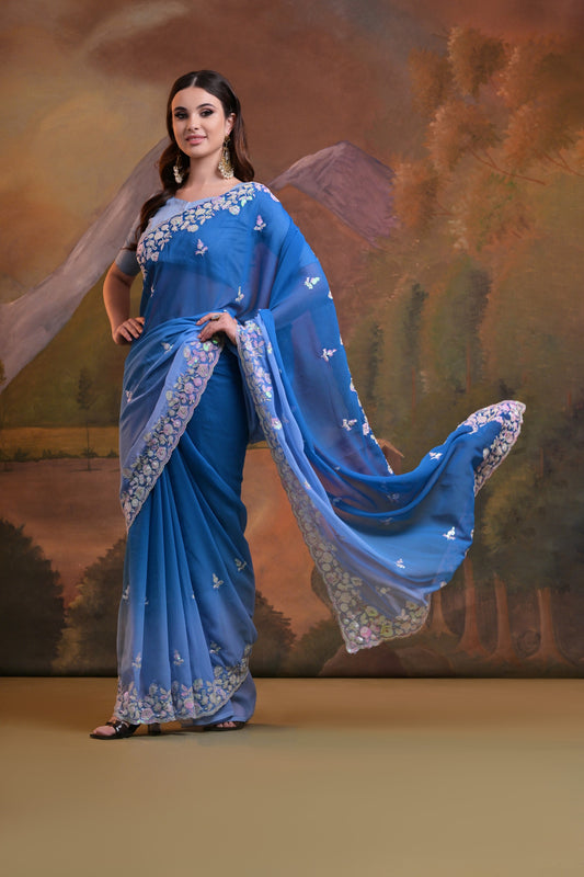 Royal Blue Georgette Saree with 3D Floral Embroidery – Elegant Evening Wear