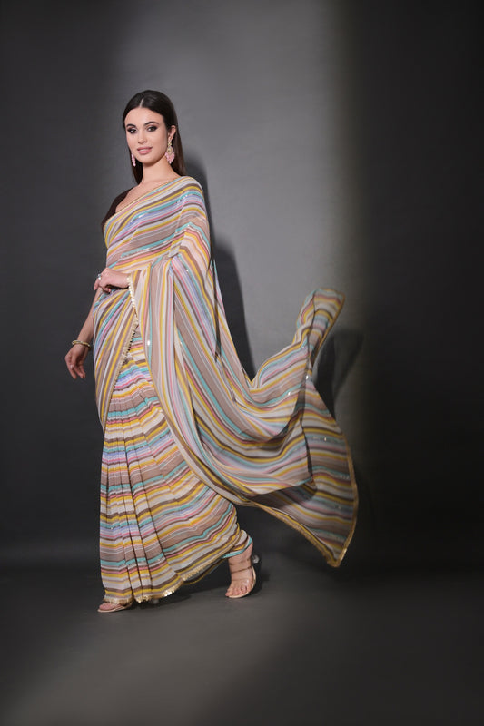 Multicolor Pastel Striped Saree with Subtle Gold Border Elegant Daily & Festive Wear