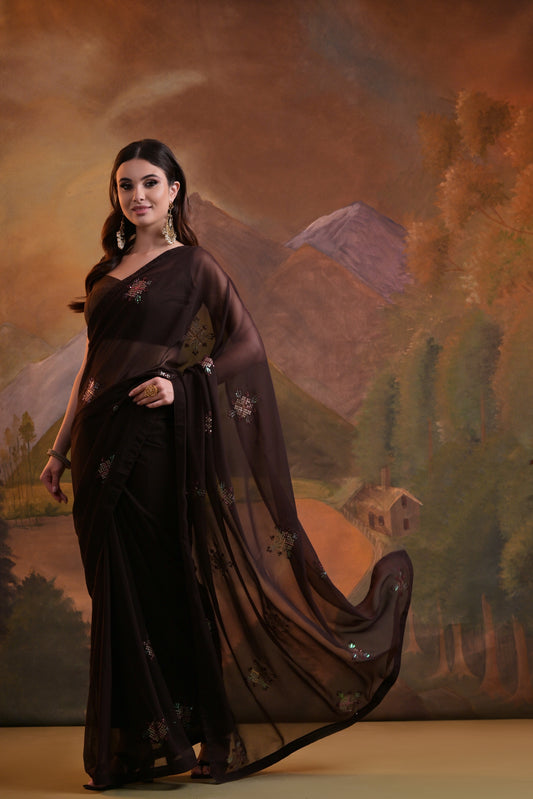 Elegant Coffee Brown Georgette Saree with Embellished Motifs
