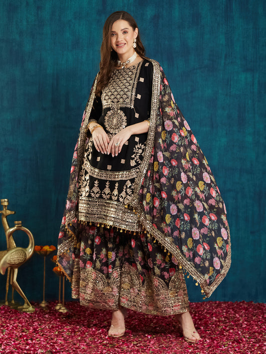 Black Floral Embroidered Kurta Palazzo Set with Dupatta